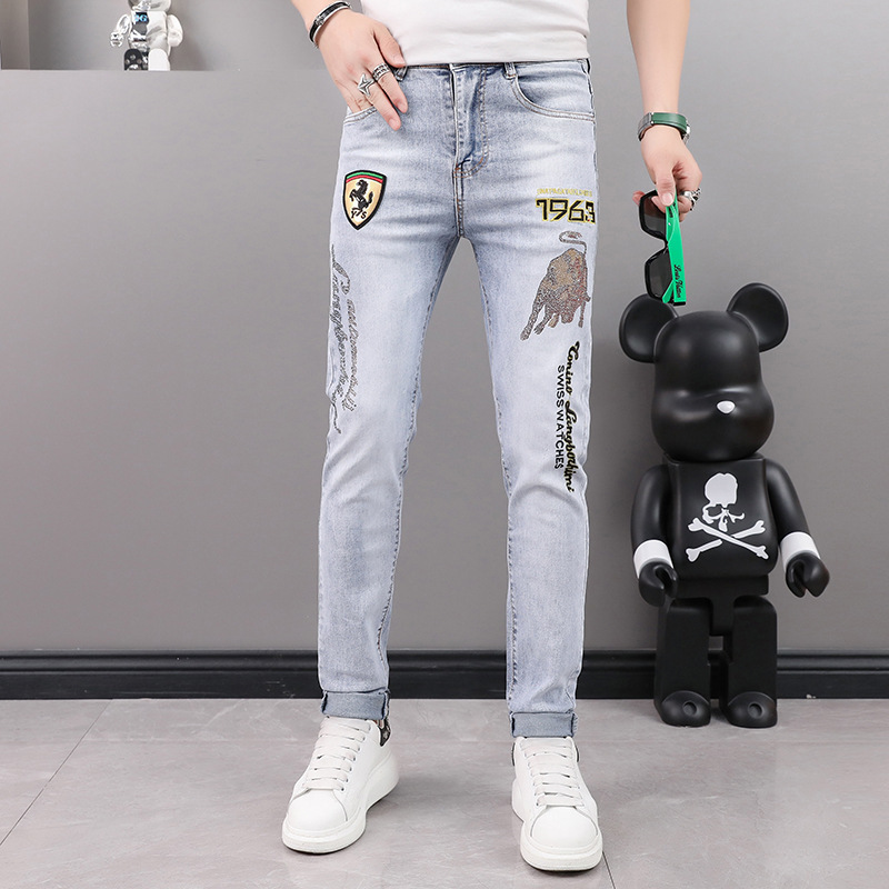 2024 European Summer Men's Jeans with Rhinestone Embroidery, Tiktok Influencer Style, Stretchy Slim-Fit Skinny Pants