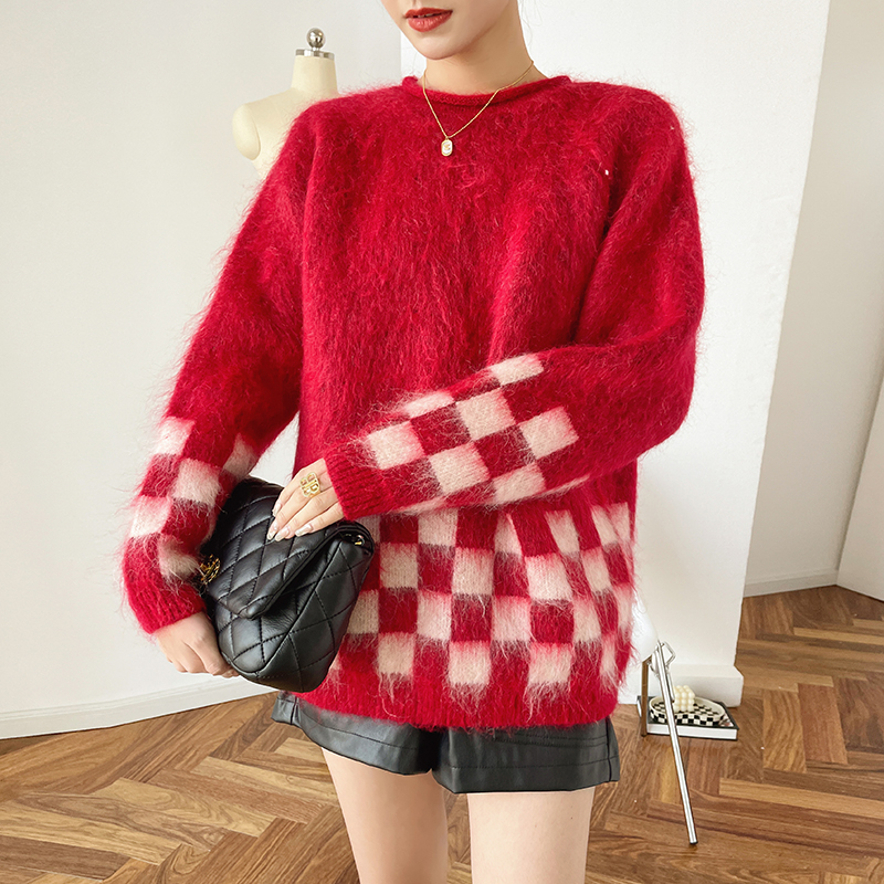 马海毛渐变拉毛针织毛衣秋冬复古慵懒风棋盘格外套女