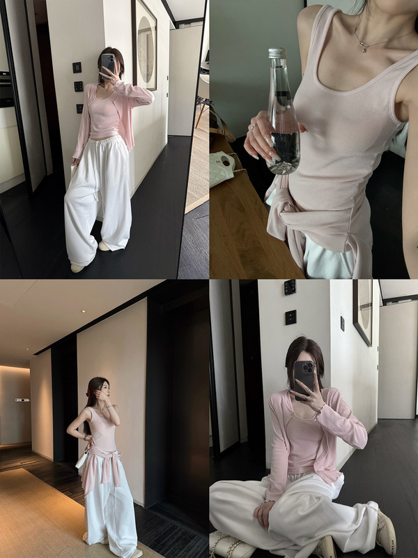 3847#superniniyy 奶油慕斯 可分开购买木耳边开衫加坑条背心女|undefined