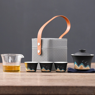 Qianli Jiangshan Gai Bowl Portable Travel Tea Set suit Hand-painted Tea Cup Glass Fairness Cup One Pot Three Cups Express Cup