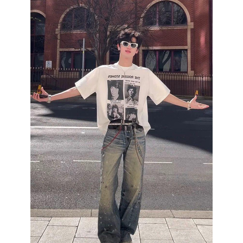 Manuscript Band Portrait Sorona Ice-Feel Short-Sleeve Men's Summer American Retro Short Wide T-Shirt Half-Sleeve