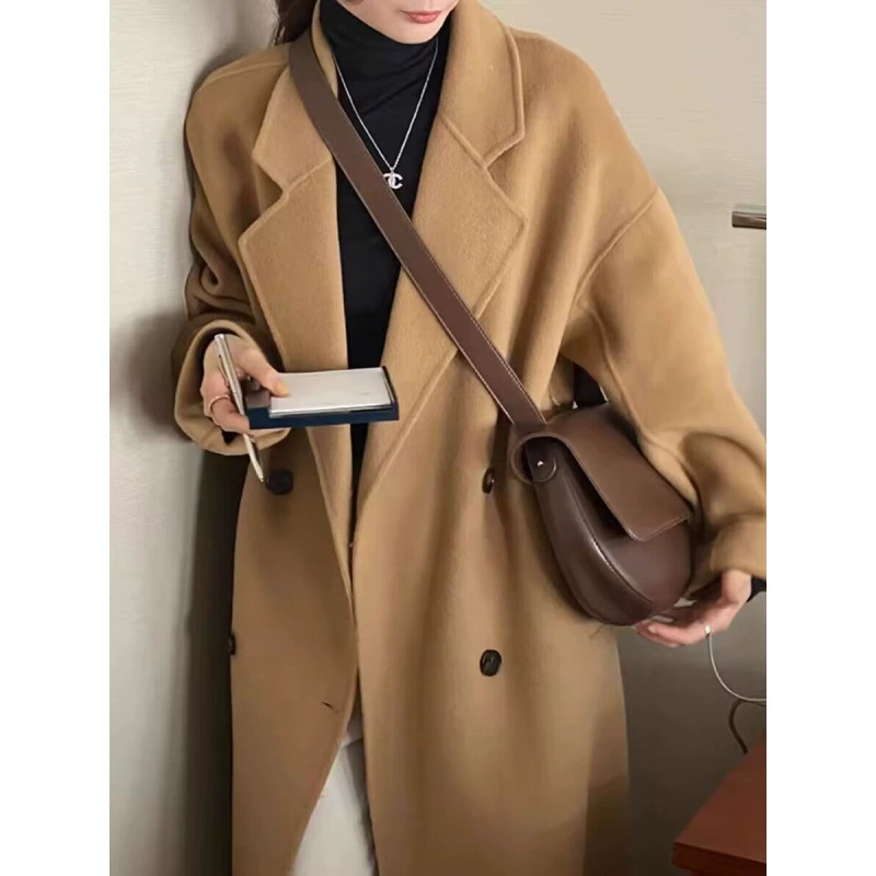 Double-sided woolen demi-season long jacket, cashmere, Korean style, loose fit, mid-length, plus size