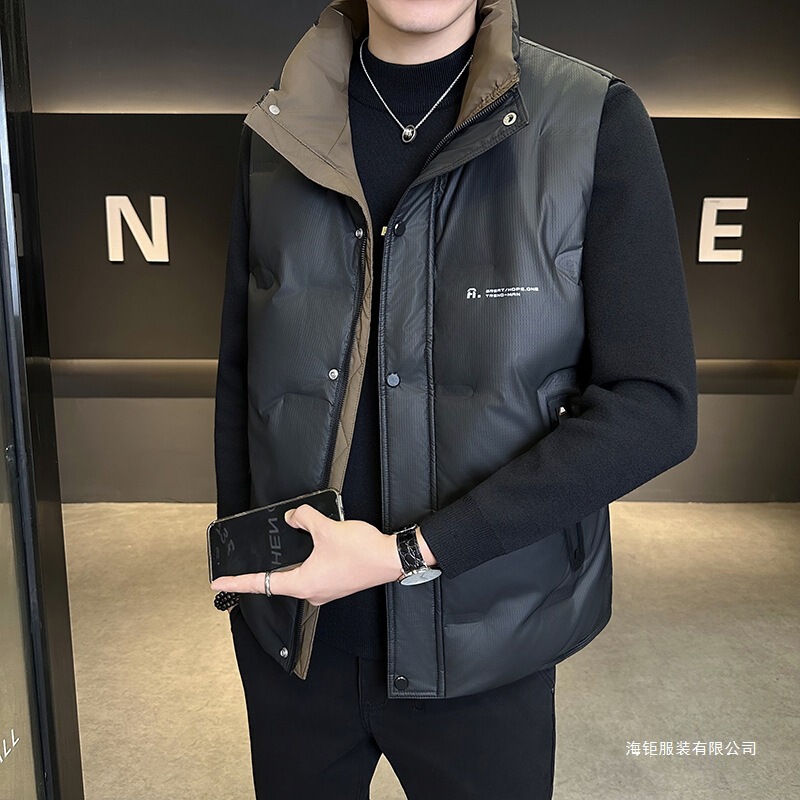 2025 New Autumn and Winter Stand-Up Collar down Vest Men's Winter Trendy Casual Warm Vest Jacket Black Without