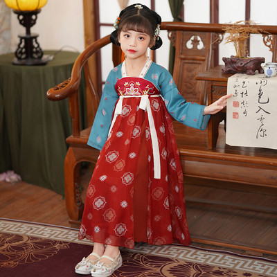 Blue Red Hanfu girls  folk dance dresses fairy Chinese ancient fairy folk dance costume ancient children princess queen cosplay ru skirts for kids