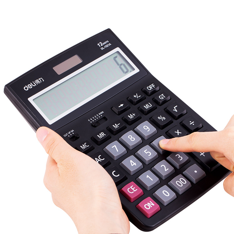 Deli calculadora 1521A computadora de escritorio de 12 dígitos llave grande pantalla grande negro solar fuente de alimentación dual