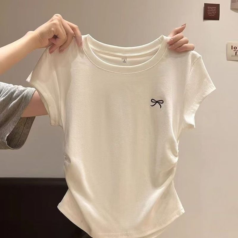 アメリカンプリーツ半袖Tシャツレディース夏新デザインニッチ右肩ウエストスリムショートインナートップ|undefined