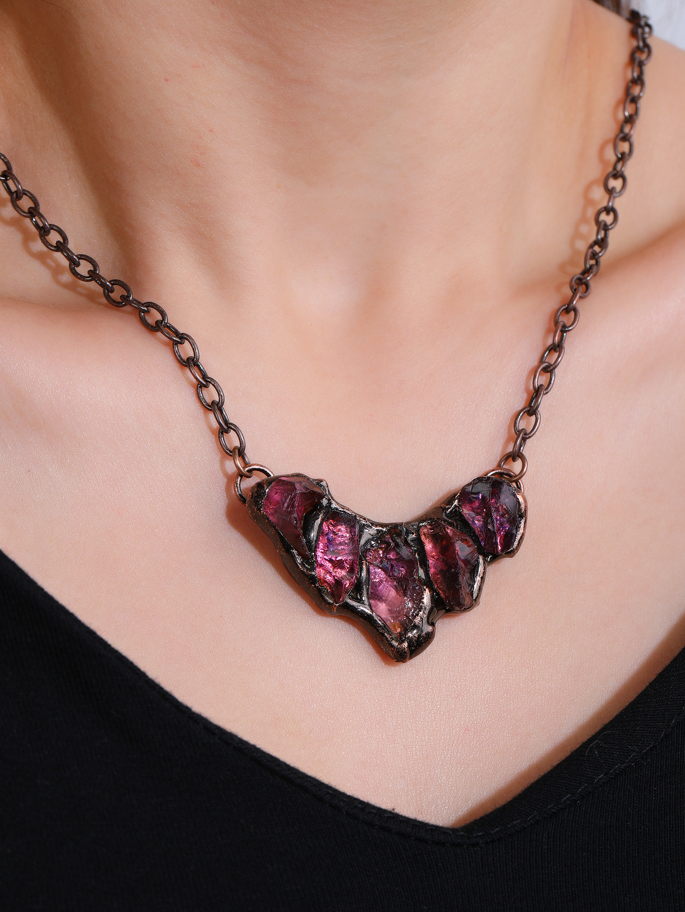 Crystal Inlay Material Wholesale Jewelry Retro Ethnic Style Geometric Copper Crystal Handmade Inlay Necklace Cable Chain