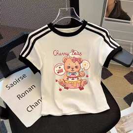 外贸童装纯棉女童半袖卡通印花拼色T恤潮中大童夏季短袖打底童装