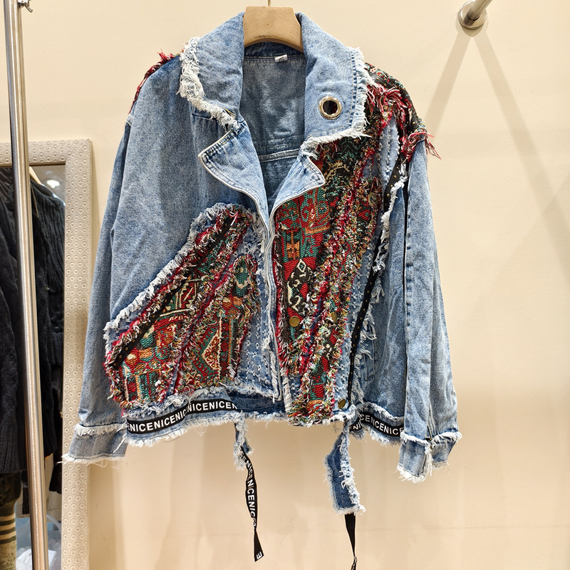 2025 Spring and Autumn Loose BF Lazy Style Heavy Industry Embroidered Rivet Design Women's Suit Collar Loose Denim Jacket Trendy