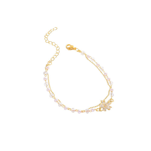 ins trendy titanium steel double-layered pearl bracelet for women super flash exquisite zircon flower pendant bracelet Korean new hand accessories