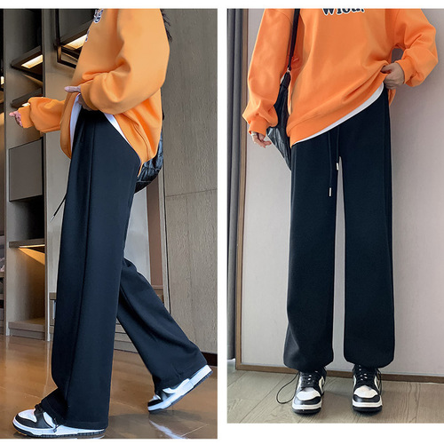 Women's Autumn/Winter High-Waisted Casual Loose-Fit Straight-Leg American-Style Fleece-Lined Wide-Leg White & Gray Sweatpants