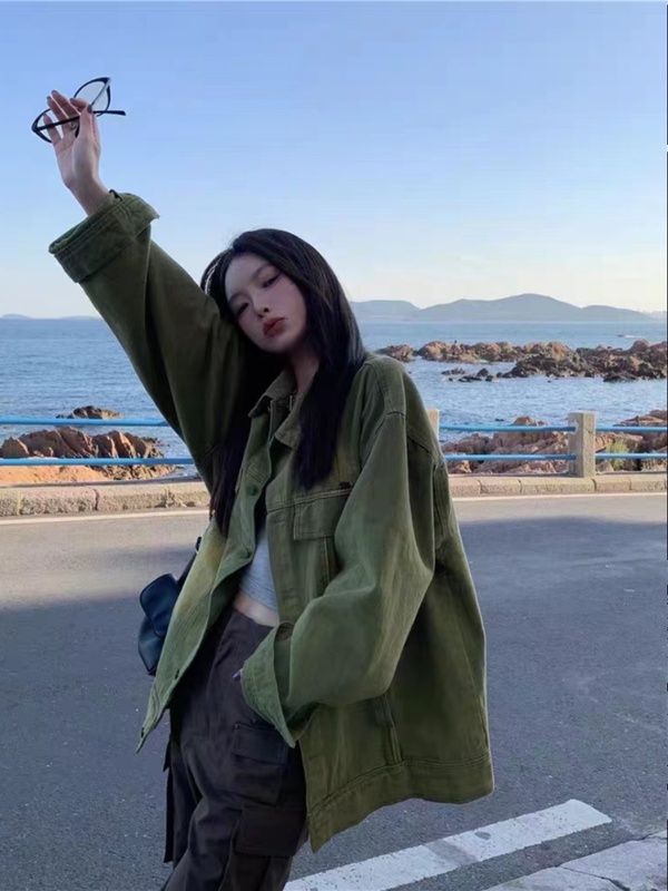 高级感POLO领绿色长袖牛仔外套女春秋冬大码美式复古宽松夹克开衫|undefined