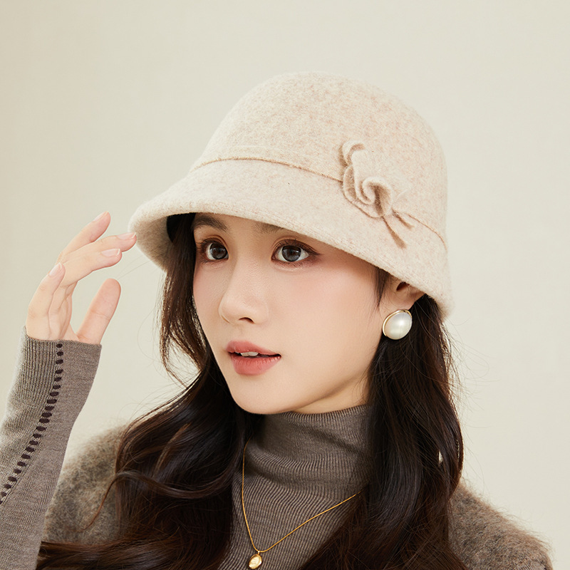 高品质花朵羊毛呢盆帽秋冬新款复古赫本风渔夫帽女气质优雅保暖帽|undefined