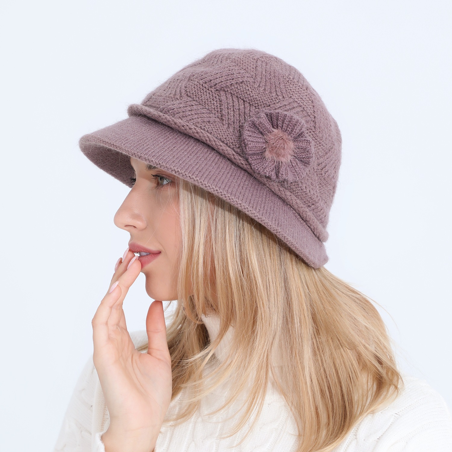 Gestrickte Damen Mütze Mit Kaninchenhaar Warm Für Den Winter_voghion.com