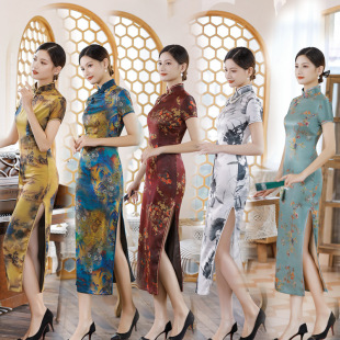 2025 Summer and Autumn New Short Sleeve Long Satin Young Chinese Style Slim Cheongsam Skirt Plus Size Mom Women's Wholesale