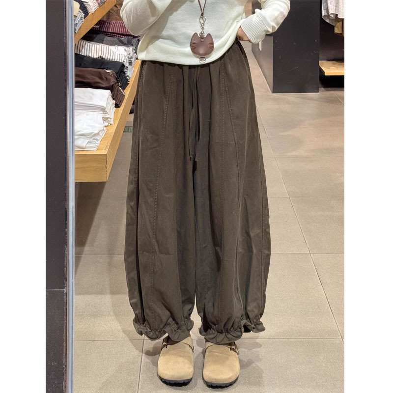 咖色九分花苞休闲裤女秋季大码胖mm宽松显瘦小个子垂感阔腿气球裤|undefined