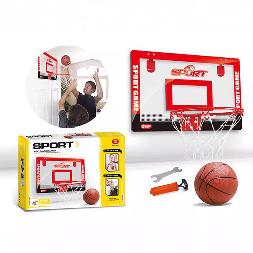 Large-sized, 7-number ball compatible; indoor, portable iron-frame basketball hoop with slam-dunk capability and door-mounting feature.