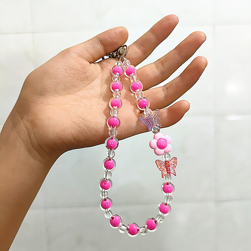 Flor Mariposa Caja del teléfono móvil Cadena con cuentas Douyin Bolso en vivo Auriculares Llavero Macaron Colgante Accesorios Cuerda