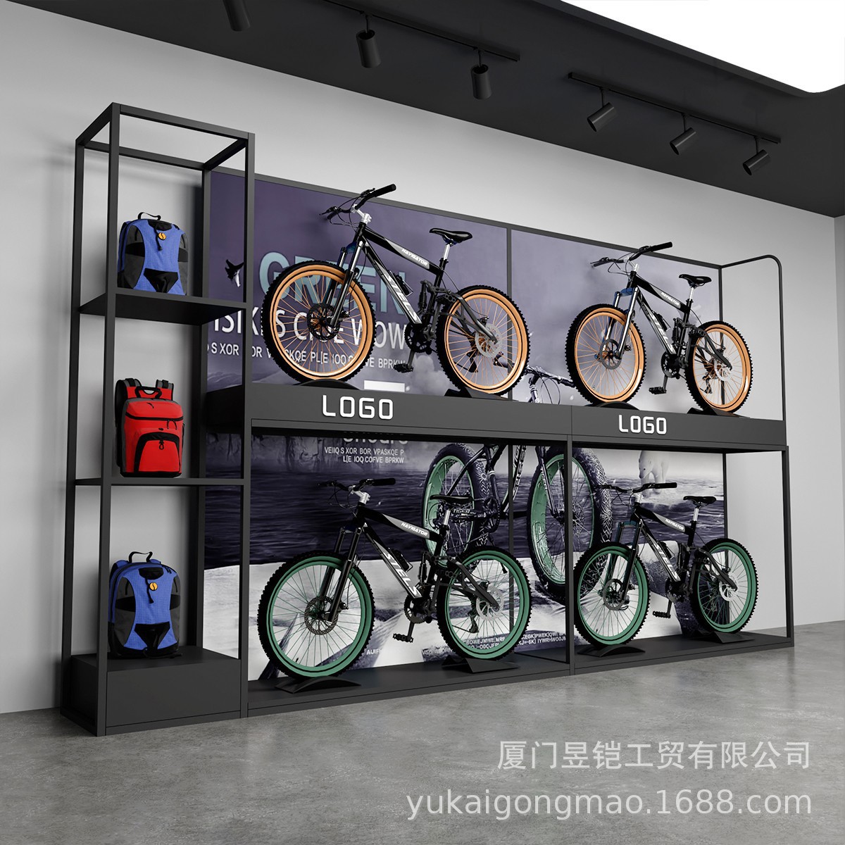 Estante de exhibición de deportes de bicicleta al aire libre Estante de exhibición de ropa de marca Estante de piso para artículos deportivos Diseño de dibujo