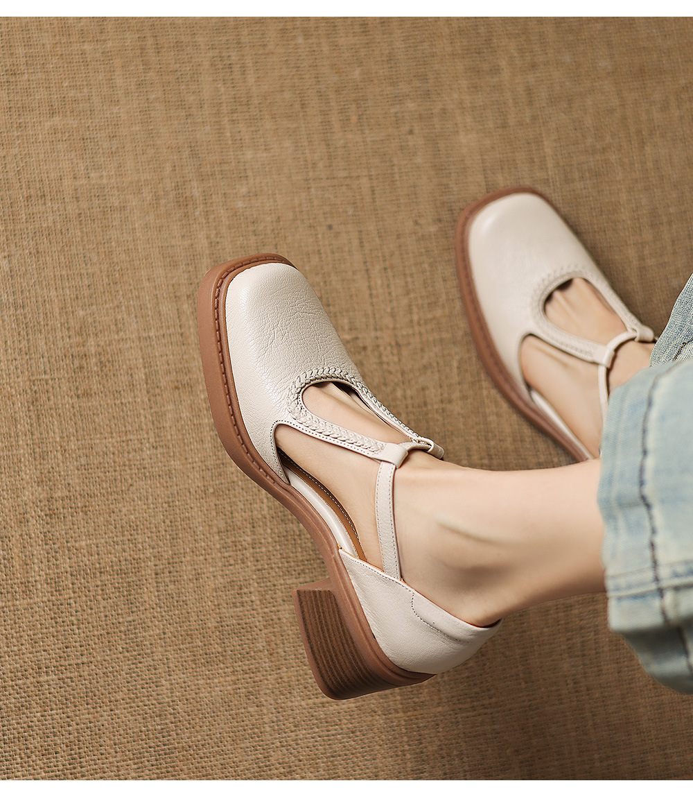 Sandal cao gót nữ mũi vuông quai chữ T đế dày — màu trắng ngà chi tiết 14