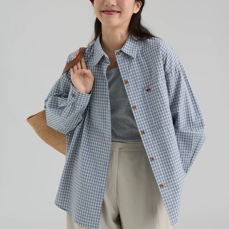 2026 Spring New Style Long-Sleeved Shirt for Women Loose Cotton Cherry Embroidered Plaid Shirt 2026 Spring New Style Long-Sleeved Shirt for Women Loose Cotton Cherry Embroidered Plaid Shirt