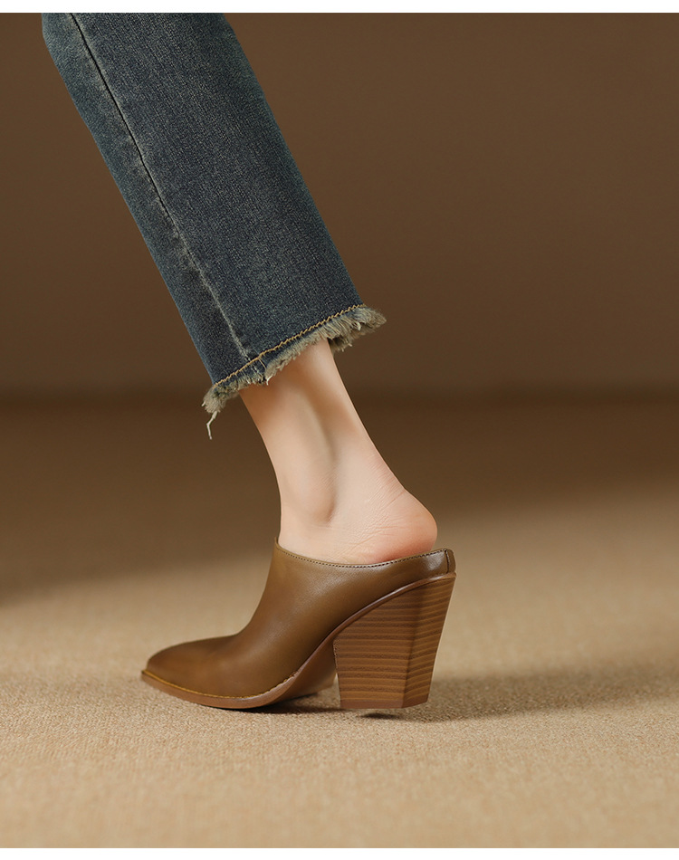 Giày mule nữ da bò mũi nhọn gót cao 7 cm phong cách Âu Mỹ — đen chi tiết 6