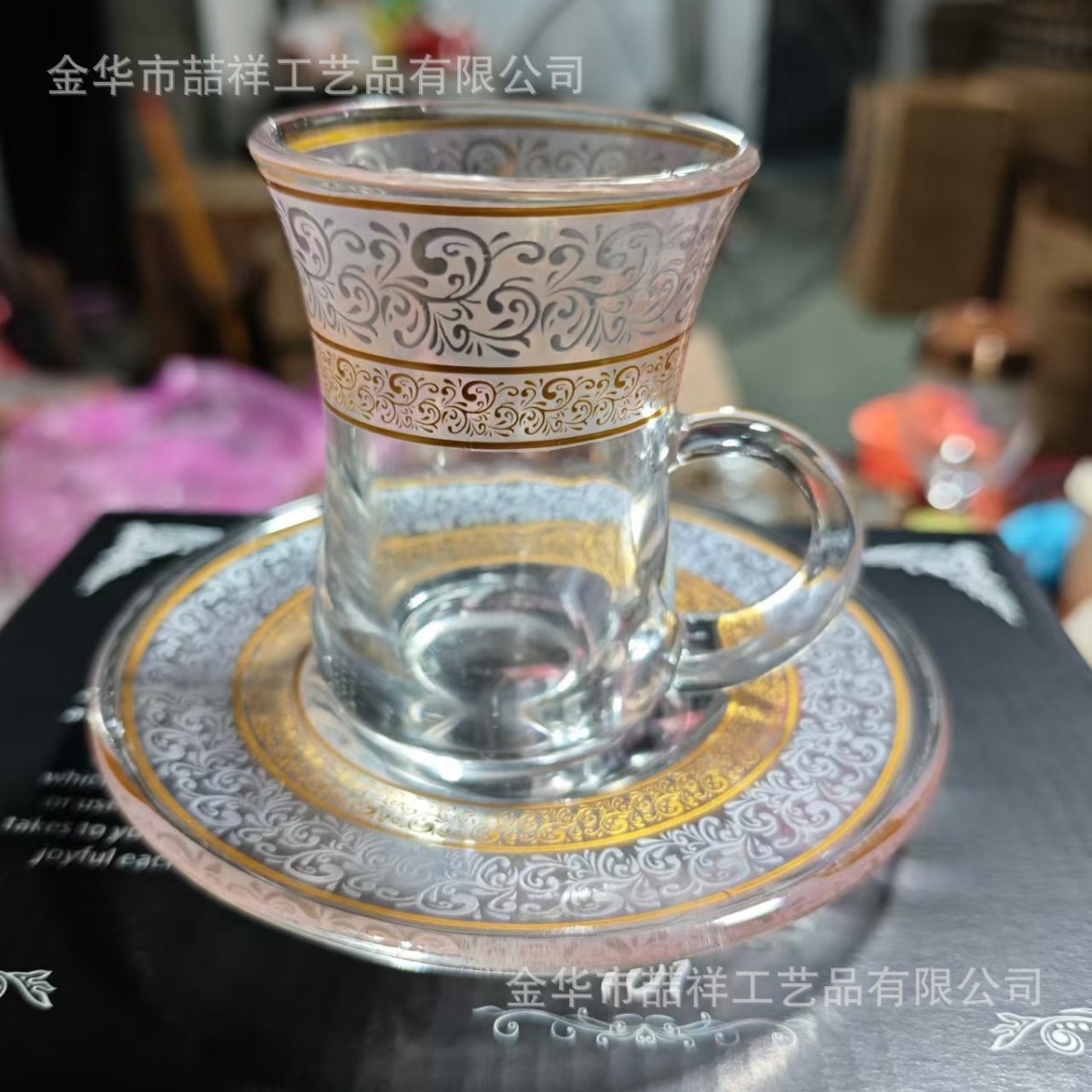 Nuevo producto transfronterizo Taza de café creativa con manija Spot Taza de agua de vidrio de flor dorada transparente resistente a altas temperaturas Taza de café con leche