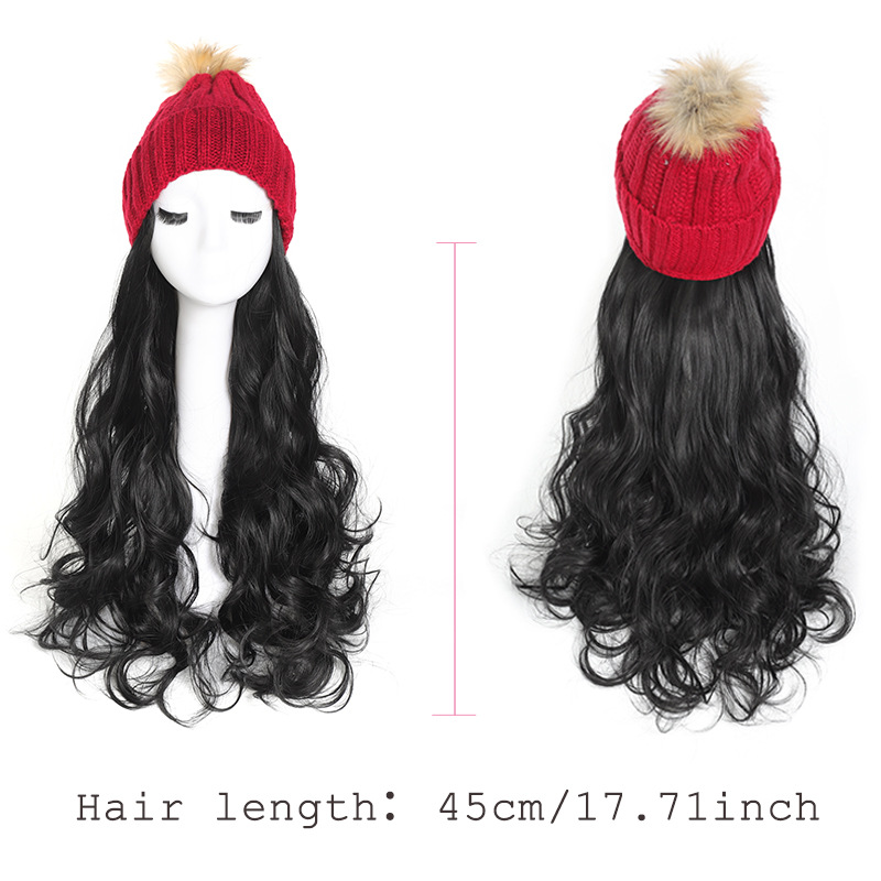ladies knitted hat wool ball hat wig chemical fiber 45cm plus velvet winter wool hat hat wig_voghion.com