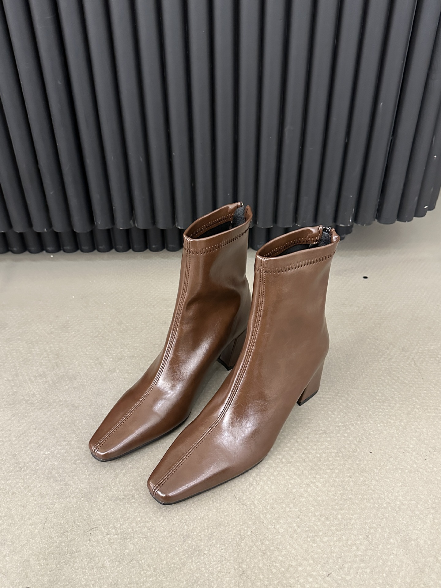 ShoeVault Korean Style Minimalist Soft Leather Stretch Slim Bare Square Toe Chunky High Heel Short Slimming Height Increasing_vogvips.com