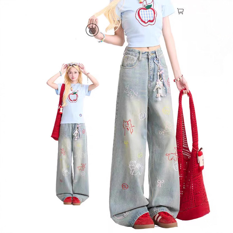 Cute Women's Slim Jeans Wide-Leg Loose High-Waisted Straight Wide-Leg Pants Women's Denim Autumn Pants Women's Autumn