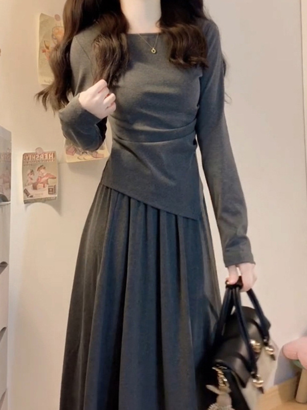 Gray Dress for Little Rich Daughter with Noble Style, Women's Spring New Waist Slimming Long Dress