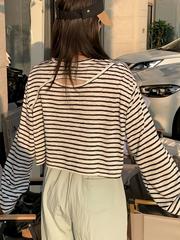 早春条纹长袖t恤女2025新款夏季宽松设计感小众镂空短款防晒上衣