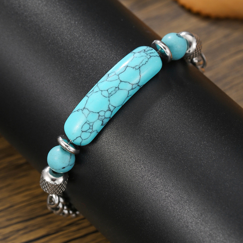 Cross-Border New Product European and American Retro Style Turquoise Bracelet Natural Stone Stainless Steel Chain Spliced Titanium Steel Bracelet for Women