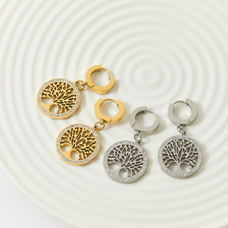 Daily Occasion 304 Stainless Steel Material PVD Coated Real Gold Plated Tree 304 Stainless Steel Style Waterproof Non Tarnish Drop Earrings