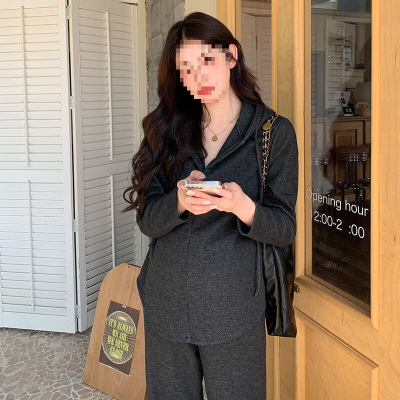 Autumn Pregnant Women's Lazy Style Half-Zip Hooded Top Wide-Leg Pants Suit Loose and Slim Two-Piece Set