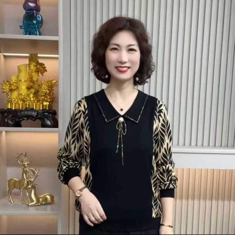 洋气妈妈衫秋装上衣薄款长袖T恤女40岁中老年秋季拼接小衫烫钻|undefined