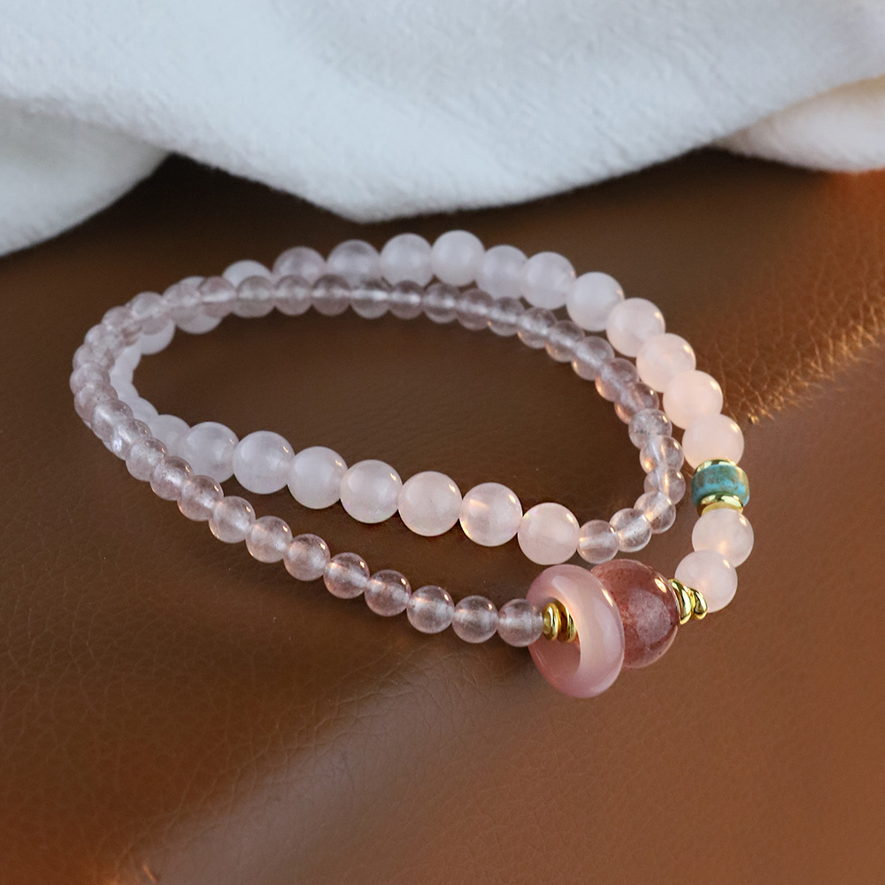Putuoshan con flores de melocotón pulsera de cristal de fresa natural polvo de cristal de mujer transferencia de perlas nicho delicada pulsera de doble anillo