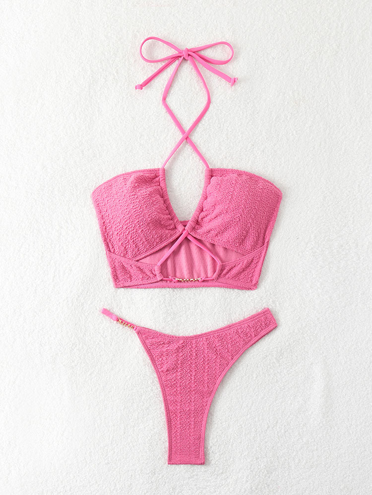Solid Color Halter Lace up Bikini Swimsuit Lady Sexy Three Point Beach Spring Swimsuit