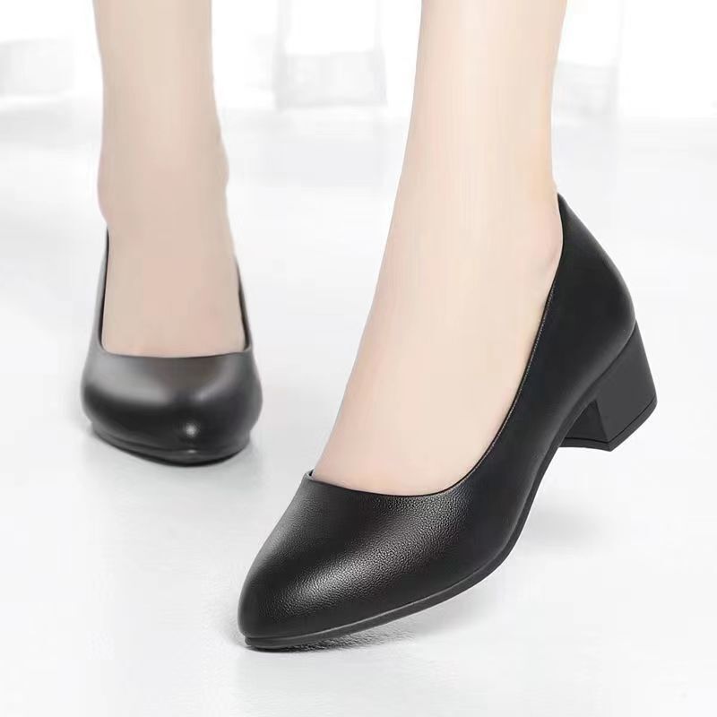 Soft leather soft surface work shoes single-layer shoes women's four seasons autumn comfortable professional black leather shoes work chunky heel plus size women's shoes