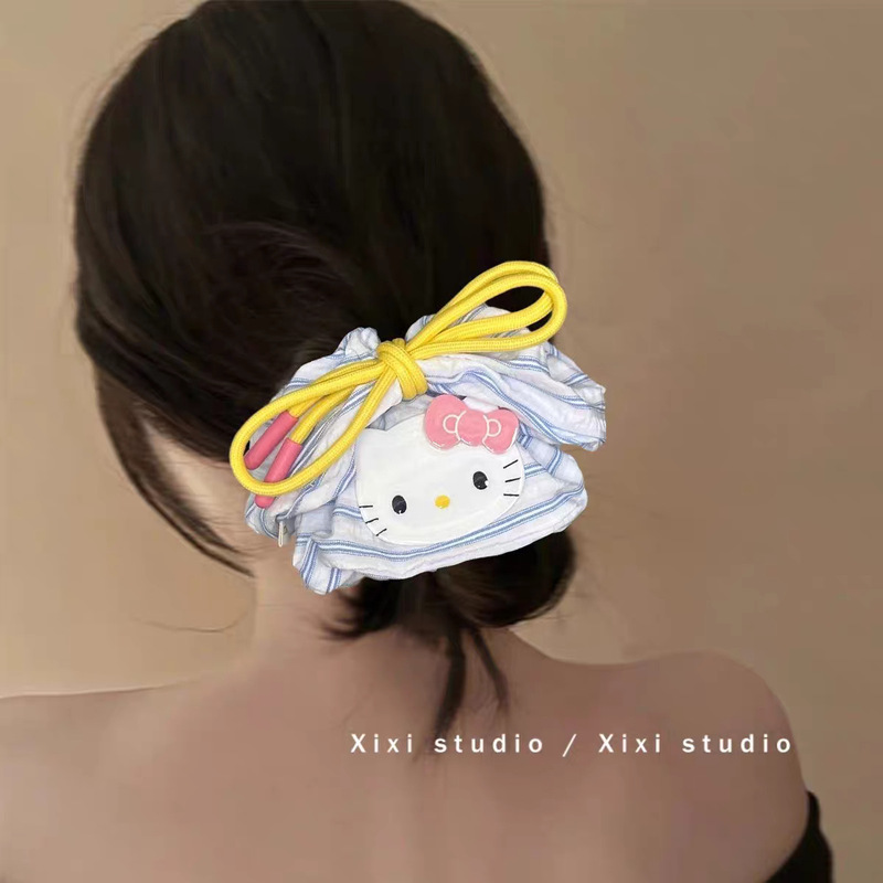 甜美Kitty猫蝴蝶结大肠发圈女蓝色条纹扎头发皮筋丸子头发绳头饰|undefined
