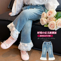 女童玫瑰花牛仔褲2024春季新款洋氣時髦兒童裝女寶寶帥氣休閒長褲