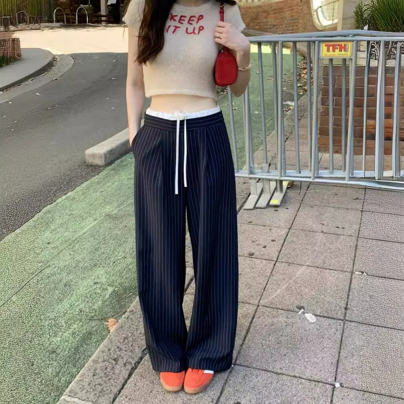 Широкие брюки в полоску с завязками на талии, универсальные, в корейском стиле, с цветными блоками, повседневные женские длинные брюки