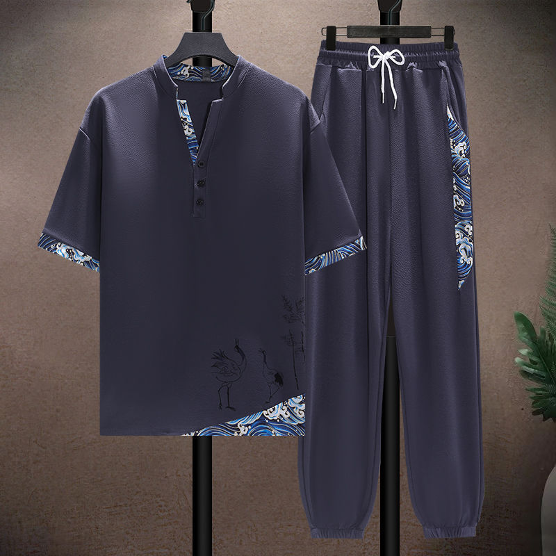 Men's Clothing Ice silk suit men's summer thin Tang suit short sleeve casual large size style men's loose Hanfu suit_voghion.com