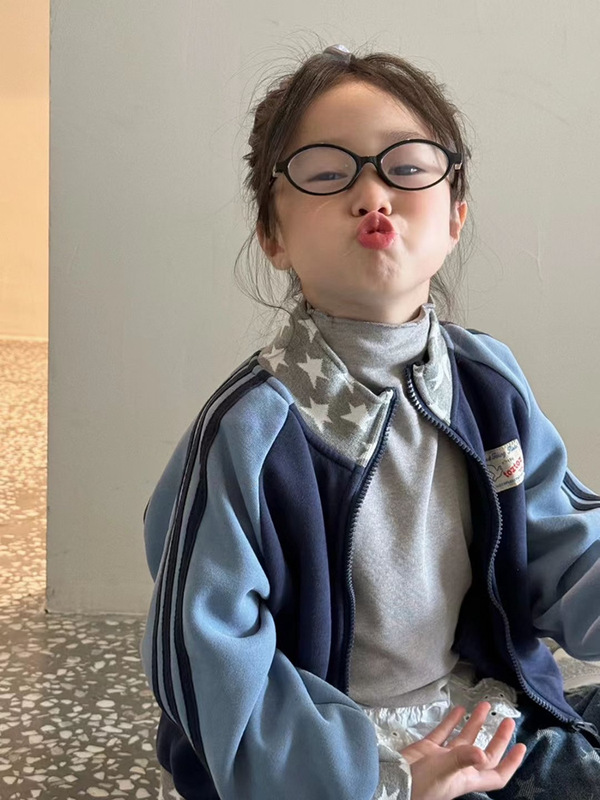 女童2025秋季新款印花长袖加绒外套花边打底衫加绒牛仔裤三件套潮|undefined
