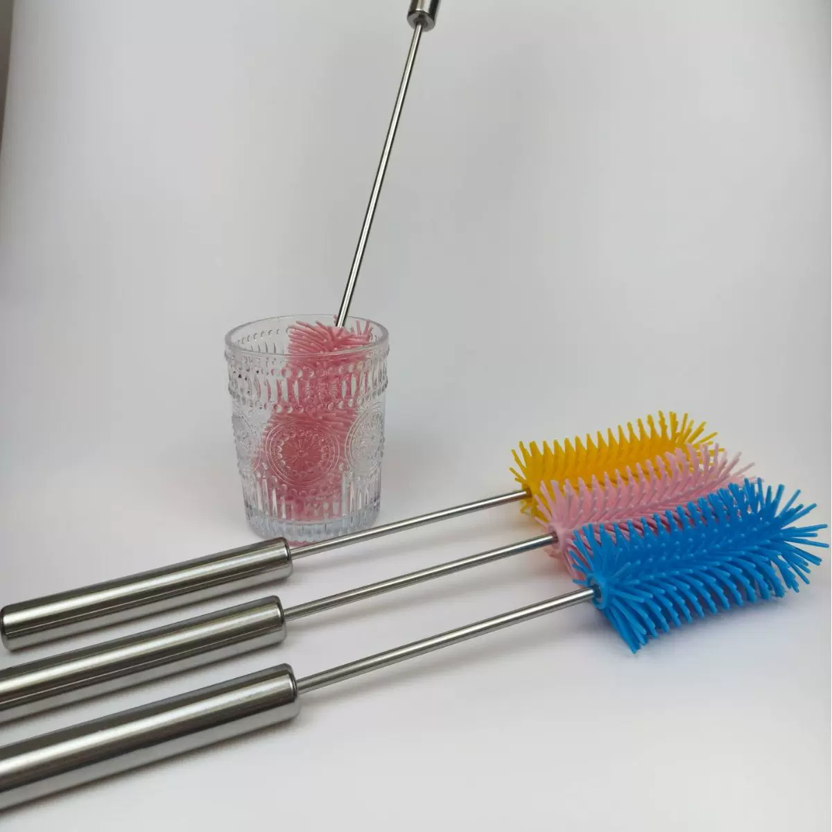 半自动杯刷子瓶不锈钢长柄按压旋转死角清洁刷神器硅胶奶瓶刷