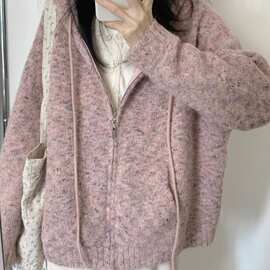 开衫毛衣女宽松软连帽糯针织新款慵懒拉链秋冬外套学院风杂色暗粉