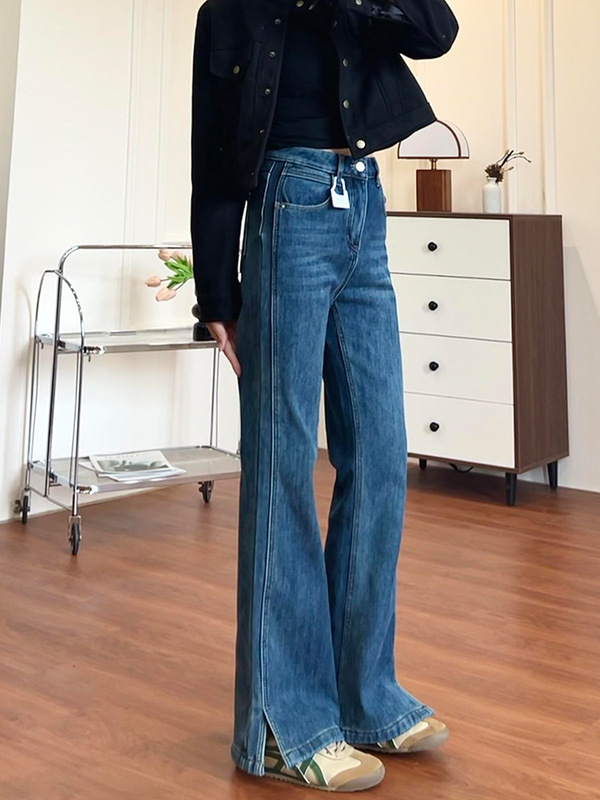 胖mm开叉微辣喇牛仔裤女款秋大码弹力梨型身材粗腿宽胯巨显瘦裤子|undefined