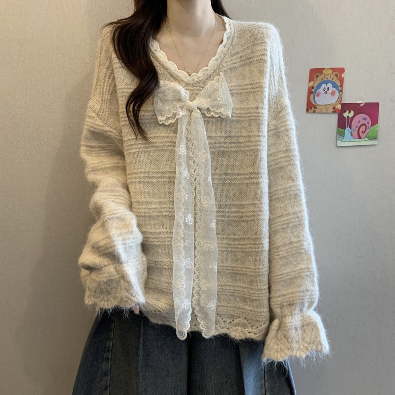 法式设计感V领蕾丝边拼接毛衣女装秋冬季新款慵懒风套头针织上衣|undefined