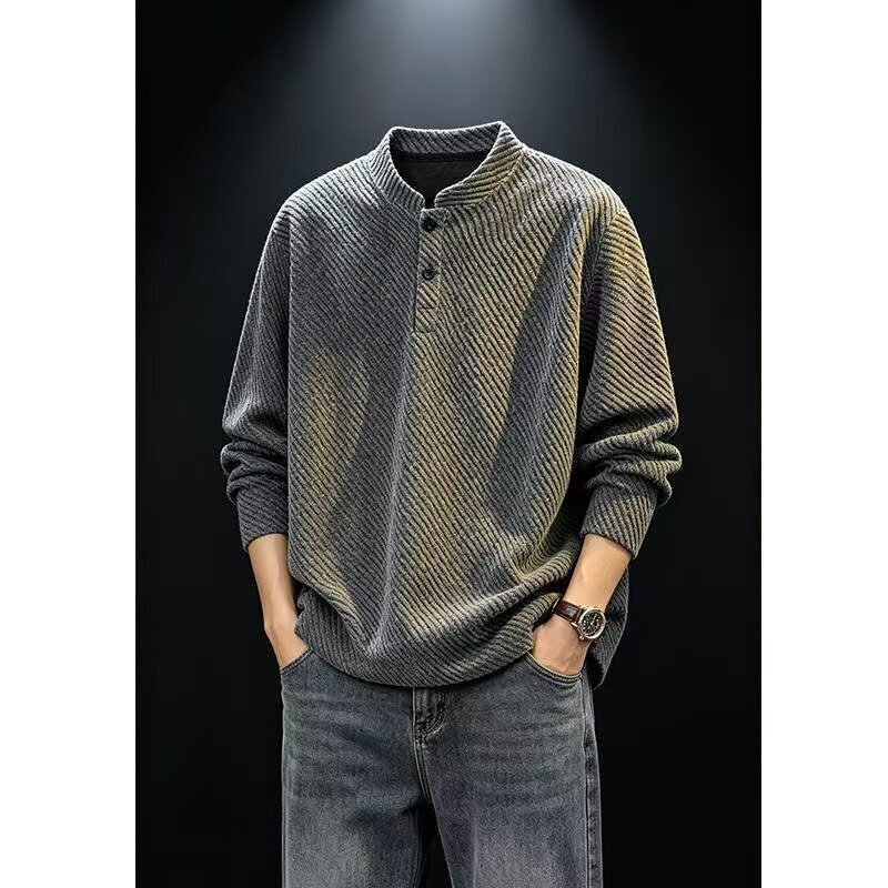New autumn collection: American-style, regular-fit, Henley-neck men's long-sleeved top, perfect as an inner layer, featuring a trendy textured jacquard design