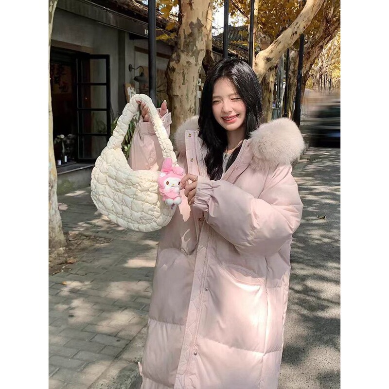 Winter down Jacket for Women, Mid-Length, Thickened with White Duck Down, Real Fox Fur Large Collar, Loose Hooded Coat for Sisters and Students